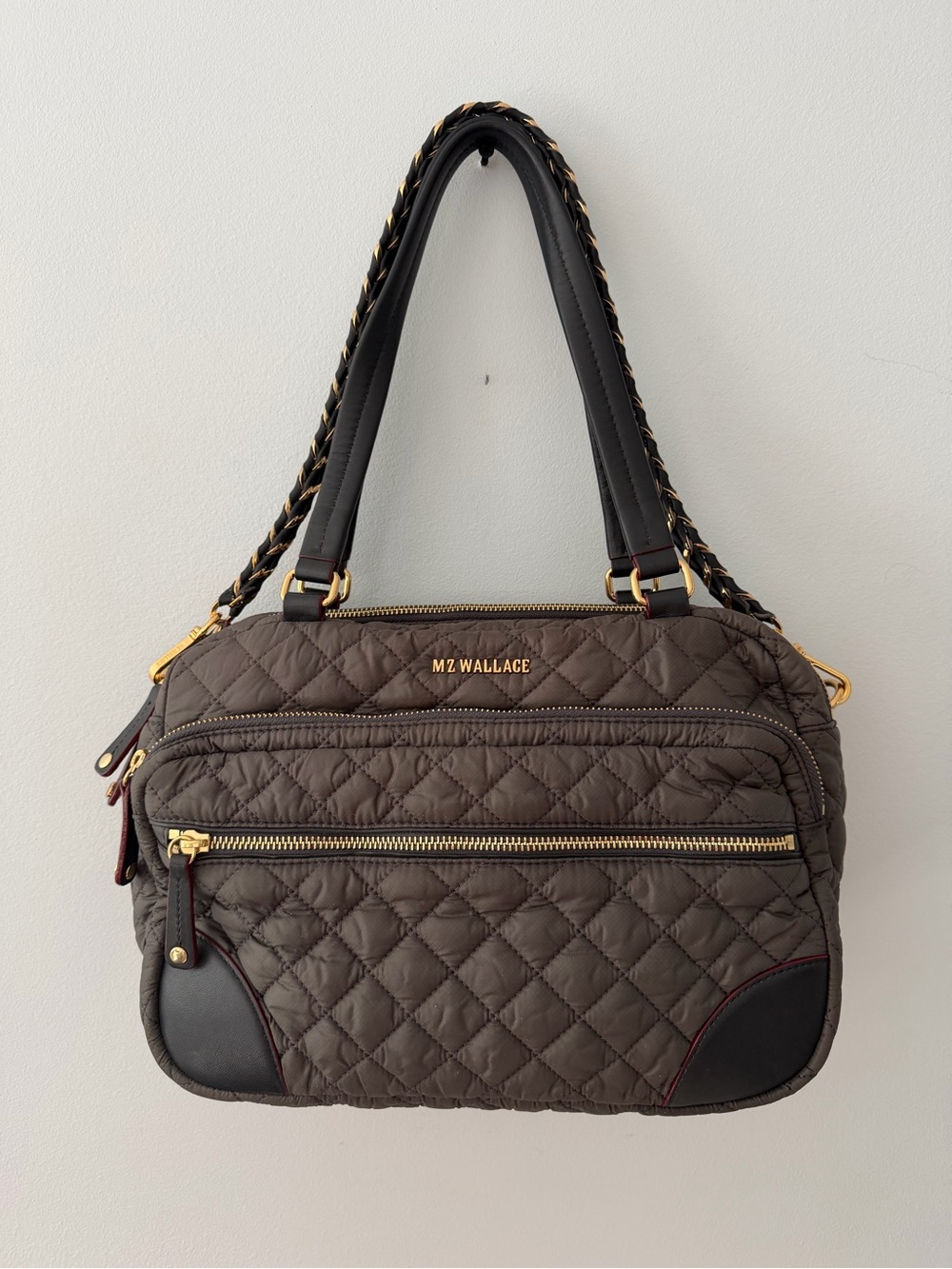 MZ Wallace Quilted Grey Shoulder Bag with Gold Hardware